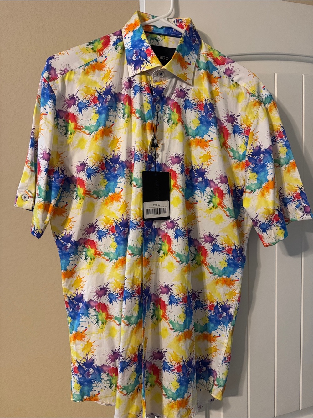 Short-Sleeve Paint-Splash Button-Down Shirt - White Multicolor